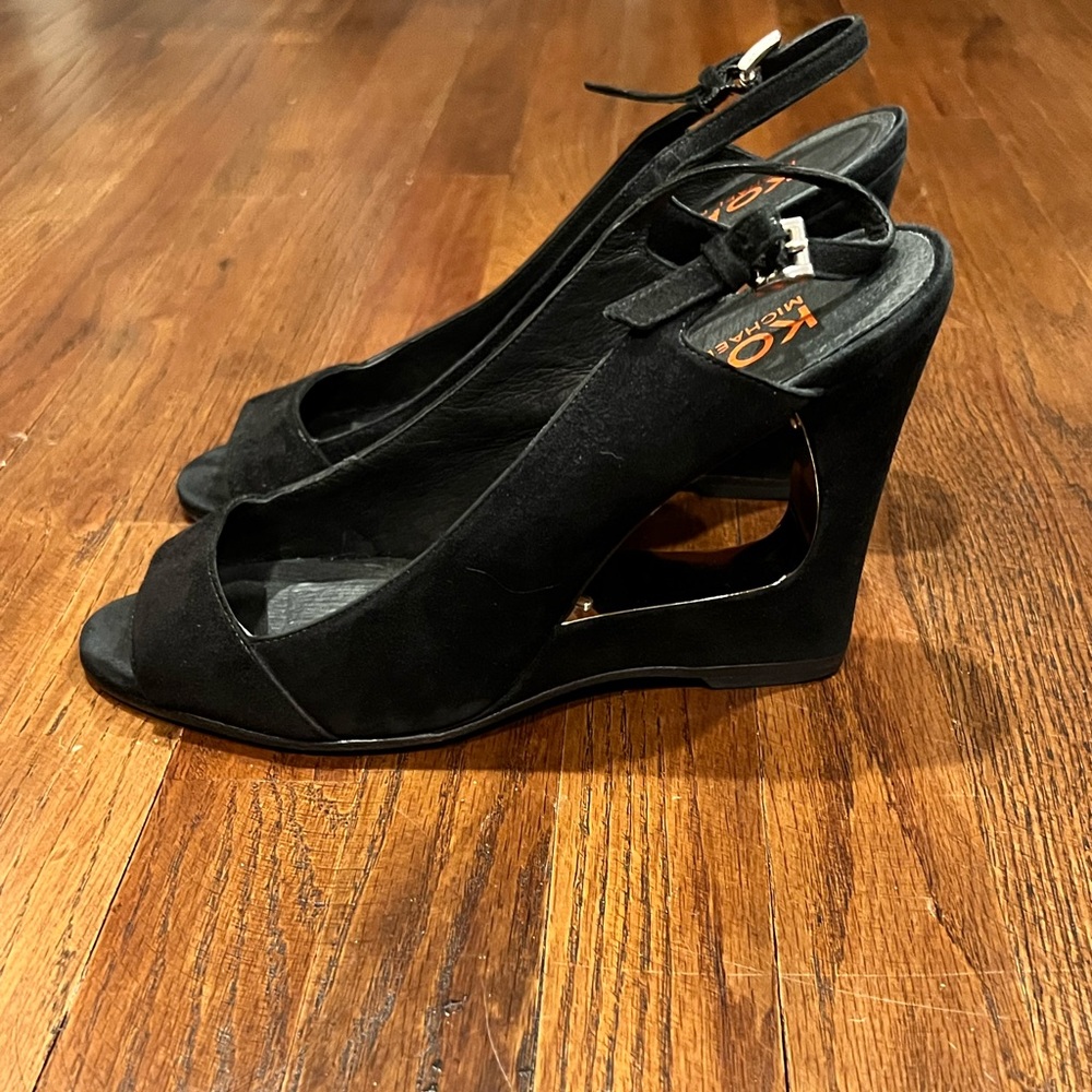 Michael Kors Wedge Heels Peep Toe Cut Out Black Leather Suede Women’s Shoes